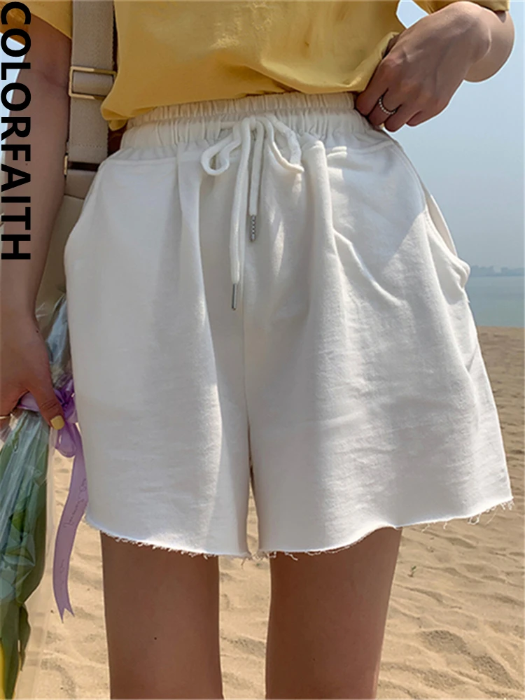 Colorfaith New 2022 Wide Leg High Elastic Waist Capris Beach Baggy Oversized Jogging Lace Up Summer Women Shorts Trousers P1948