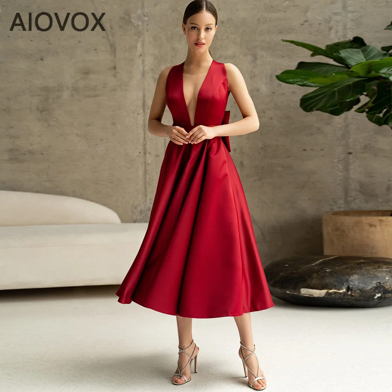 

AIOVOX Burgundy Wedding Guest Dresses For Women V Neck Party Prom Gown Bow Tea Length Cocktail Dress Backless Vestidos De Noch