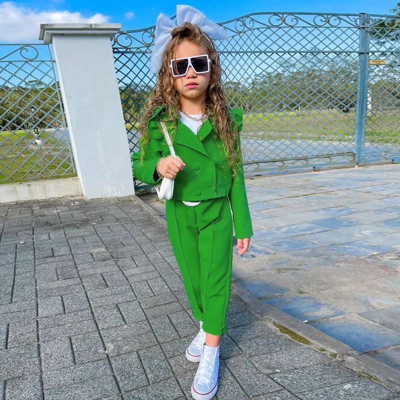 2023 Spring Boutique Baby Girls Clothes Blazer Jackets 2pcs Sets Cute Fly Sleeve Pants Kids Outfits Street Style Chirldren Sets