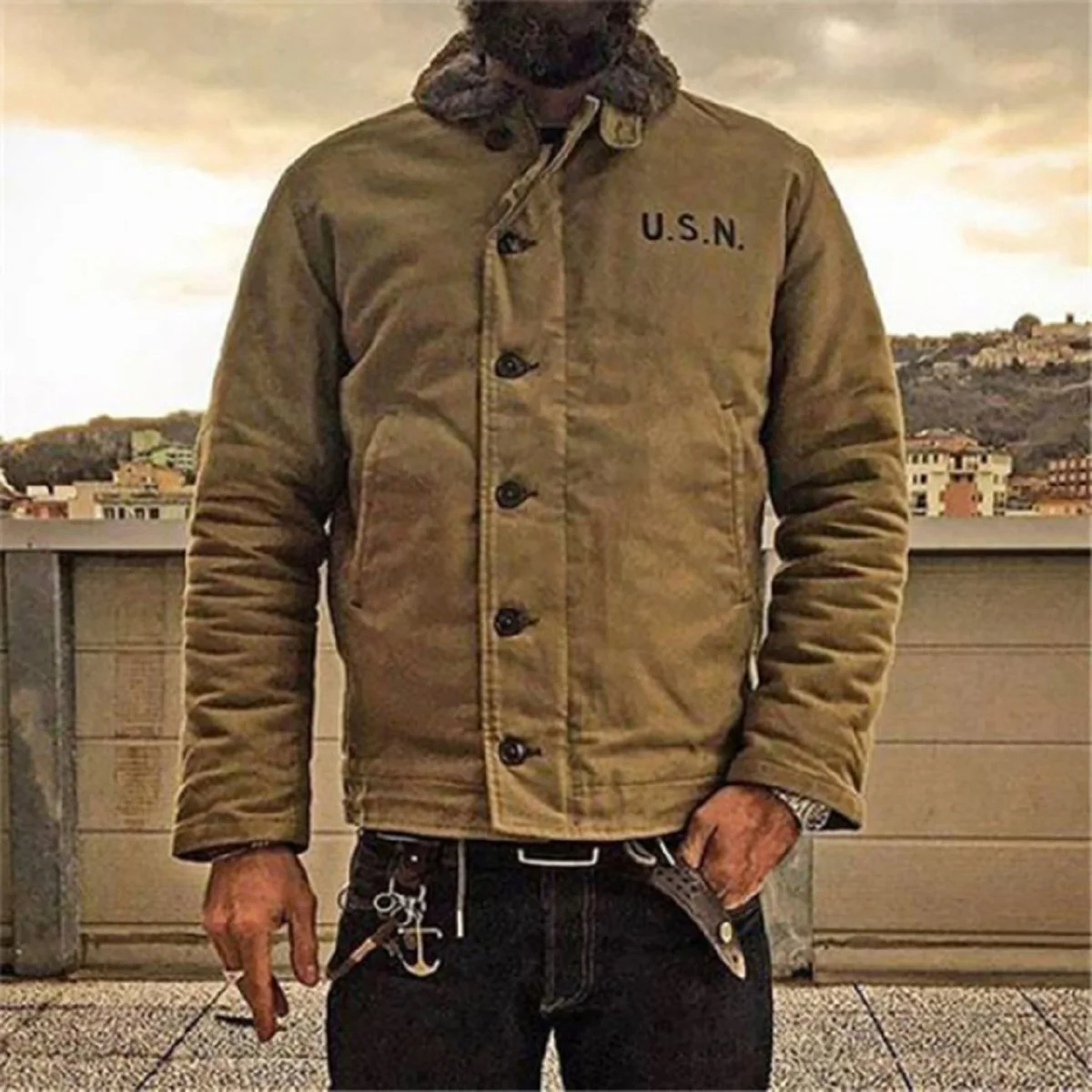 

OKONKWO U.S.N DECK N-1 COAT Jacket Vintage USN Military Uniform Tactical Lamb Wool Thick Warm Coats N1
