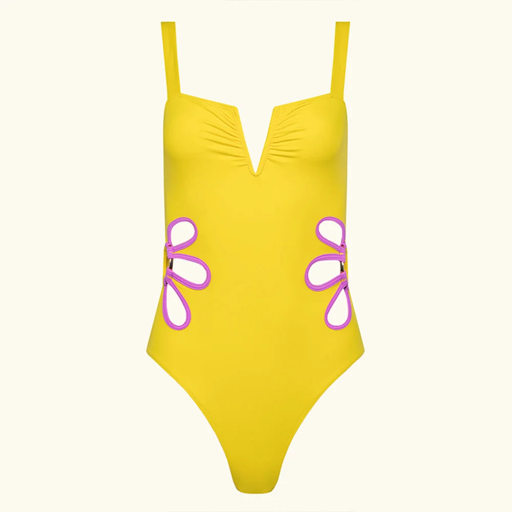 Sexy Solid Color Cutout One-piece Swimsuit V-neck Women's Bathing Suits Summer Holiday Beachwear Backless Surf Wear Brazilian
