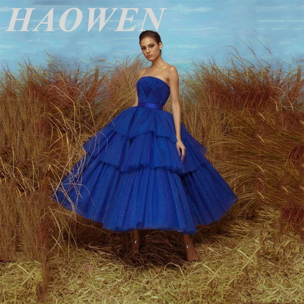 

HAOWEN Royal Blue Sequin Shiny Homecoming Dresses Strapless Sleeveless Ruffles Tulle Ball Gown Women Long Prom Party Evening Gow