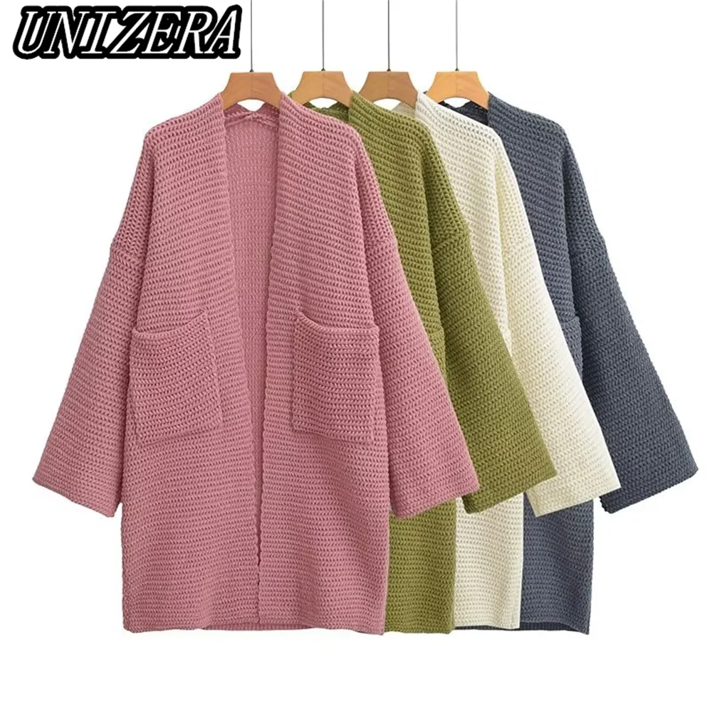 

UNIZERA Autumn and Winter New Women's Clothing Lazy Style Chic Commuter Double Pockets Knitted Cardigan Long Sweater Coat