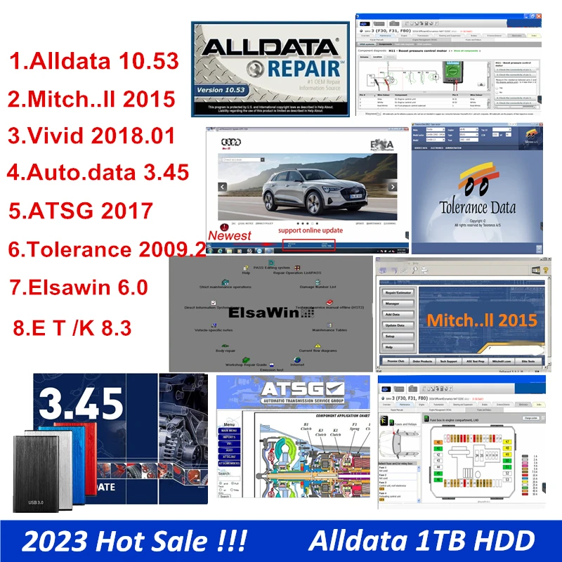 2023 популярное программное обеспечение для ремонта автомобилей Alldata 10,53, Mitch .. ell,Elsawin6.0,Vivid 2018, Auto data 3,45, E T K 8,3 В 1 Тб HDD Бесплатная установка