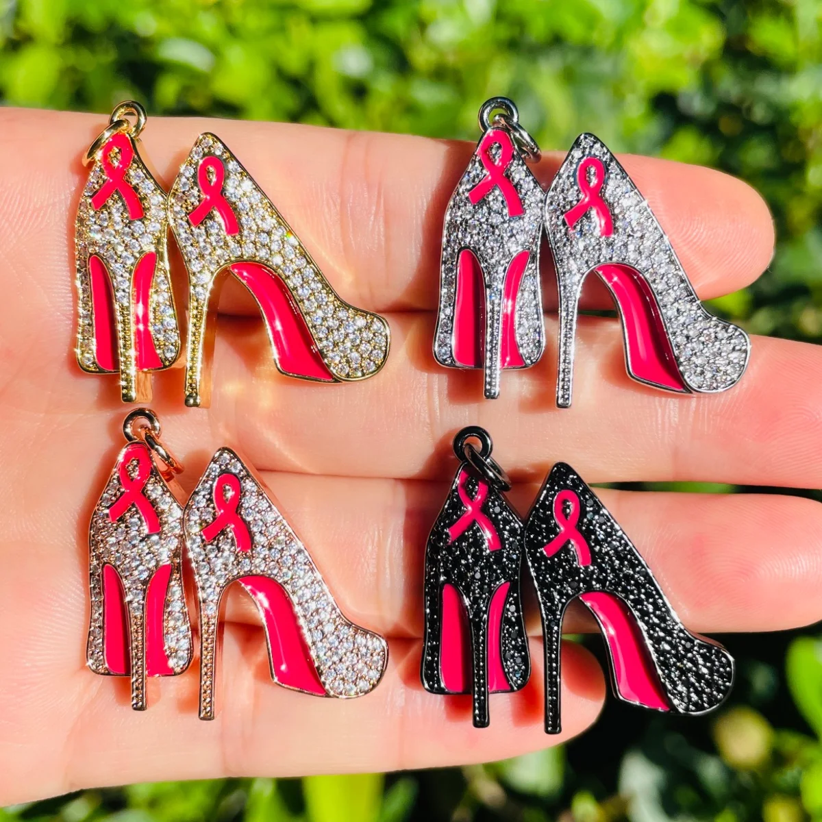 

5pcs Pink Ribbon High Heel Shoes Charms Zirconia Pave Breast Cancer Awareness Pendants for Women Bracelet Necklace Making