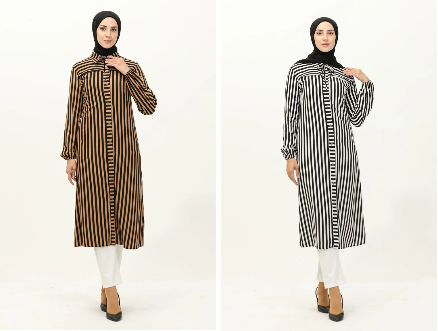 

New Season 4 Seasons Muslim Women's Hijab clothing striped shirt collar unlined long sleeve button comfortable mold shirt blouse tunic