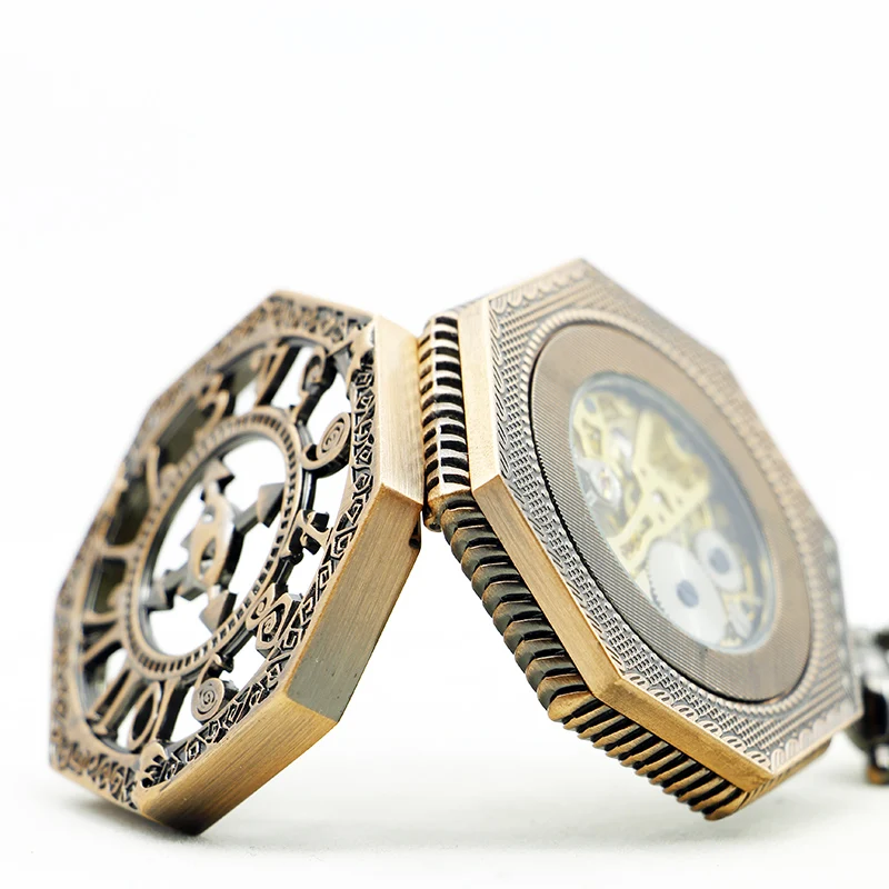 Half Hunter Bronze/Red Copper Mechanical Hand Winding Pocket Watch Hollow Arabic Numerals Skeleton Manual Pendant Pocket Clock