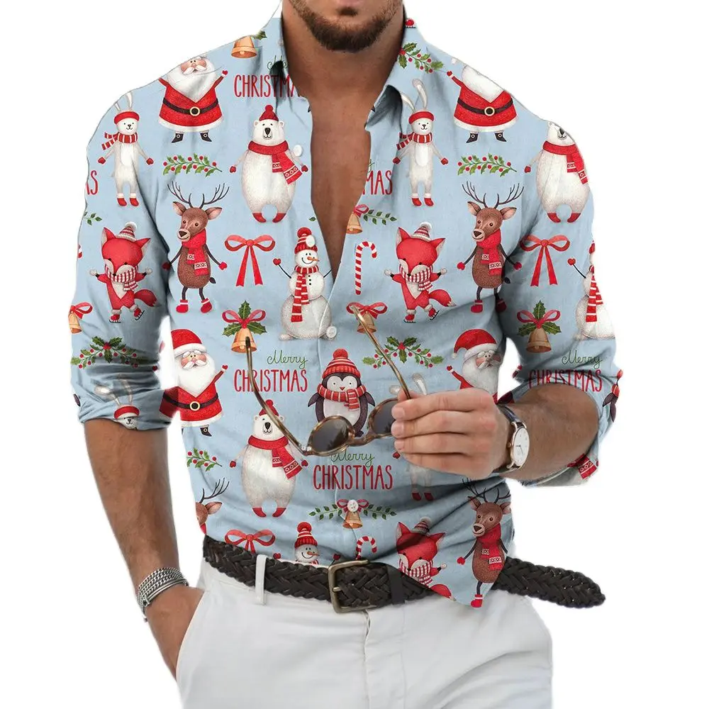2022 Christmas Shirt 3D Print Christmas Long Sleeve Shirt Holiday Party Top Men's Street Harajuku Single breasted Shirt S-6XL