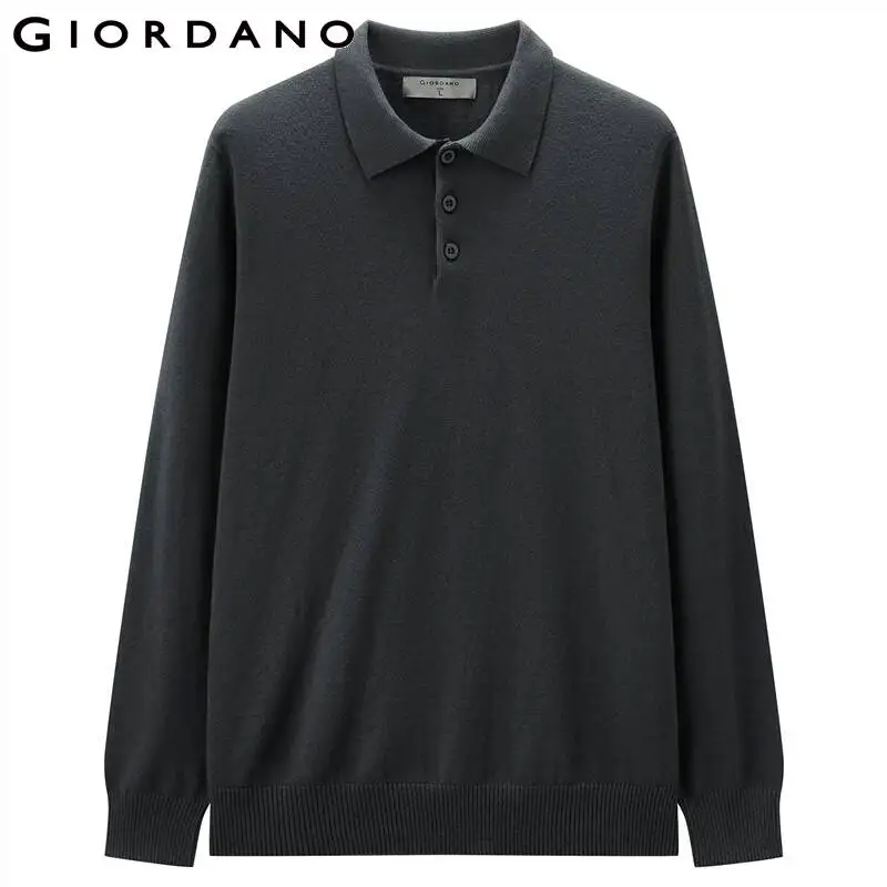 Giordano Men Polo Combed Cotton Long Sleeve Knit Polo Shirt 12 Stich Knitting Thick Polo Shirts Long Sleeve Casual Polo 18052605