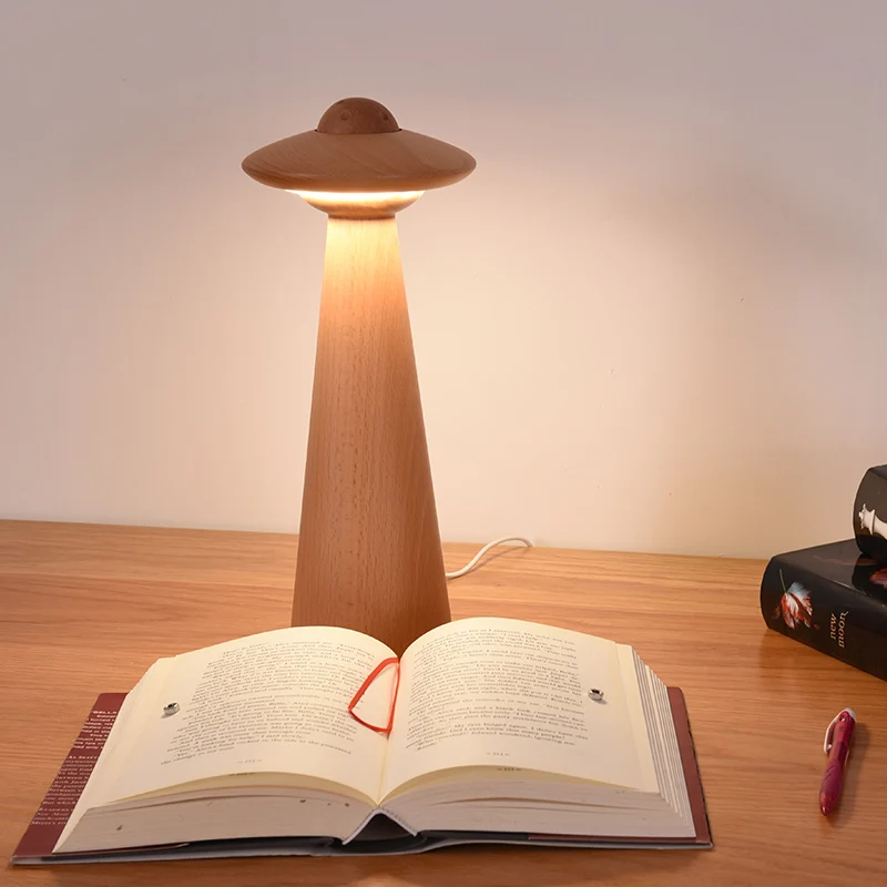 Modern UFO Design Led Table Lamp For Bedroom Bedside Study Solid Wood Purely Handmade Eye Protection Desk Light Cartoon Gifts