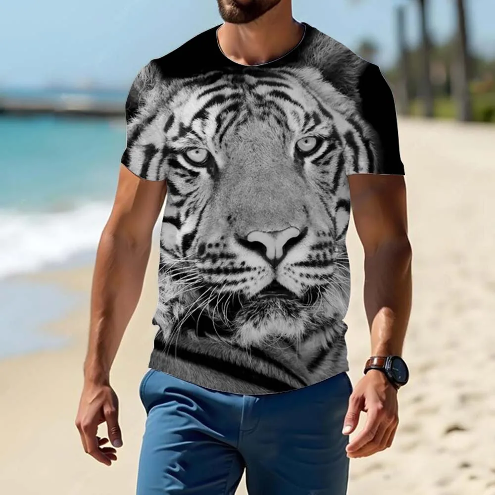 Летняя мужская модная футболка короткий рукав из 100% полиэстера 3d-принт Тигр