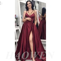 haowen lastest red wine evening gowns spaghetti straps high side split prom dresses satin robes de soir%c3%a9e women celebrity dress