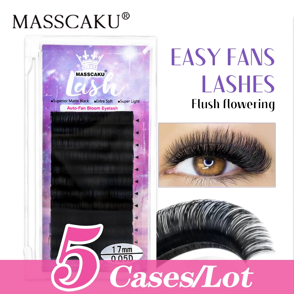 5caase/lot MASSCAKU Super Soft Silk Auto Flowering Lash Extensions Custom Packaging Blooming False Eyelash Supplies