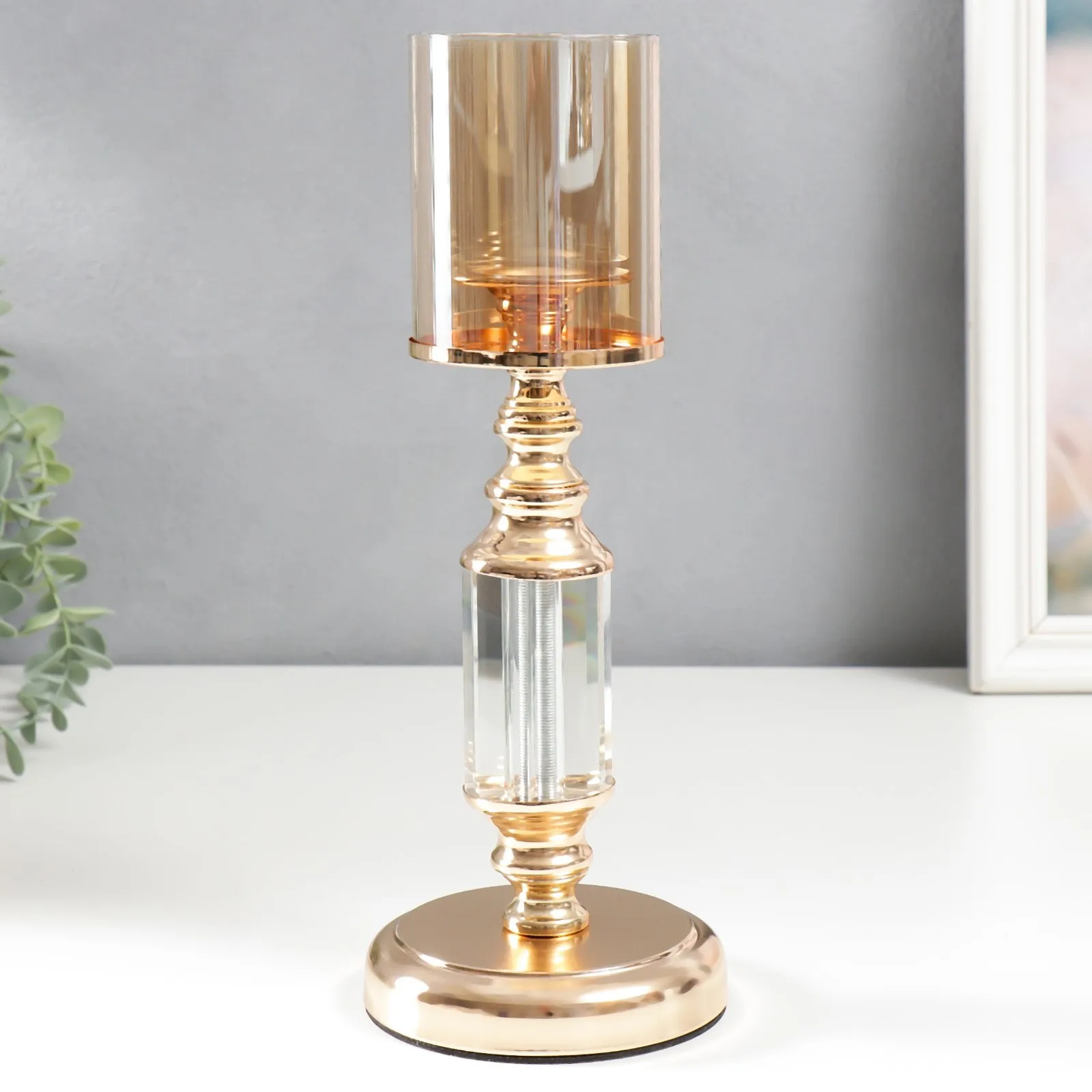 Подсвечник металл на 1 свечу Колонна-кристалл золото 32х12х12 см