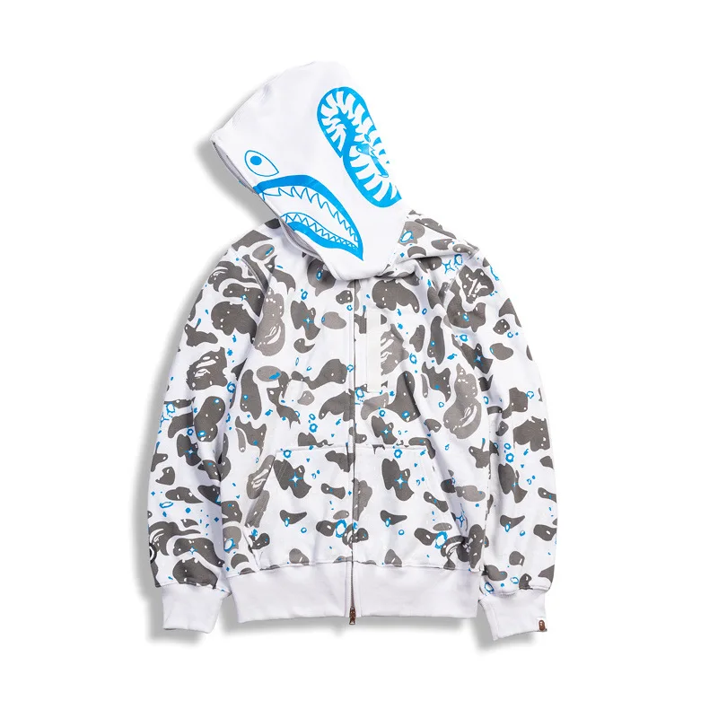 

Men's Fashion Brand Shark Head Starry Sky Spot Luminous Long-sleeved Full Zip Up Casual Loose BAPE HOODIE MEN