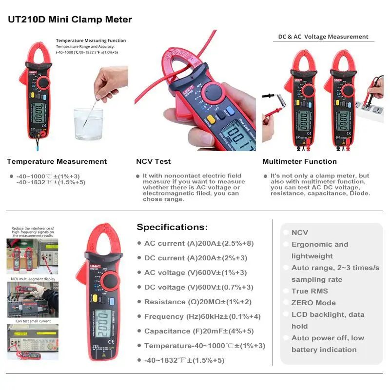 Цифровой мини-зажим UNI-T UT210D UT210E 200 А плоскогубцы постоянного и переменного тока