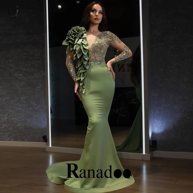 

Stain Appliques Beads Evening Dresses Mermaid Full Sleeve Illusion V Neck Sweep Train Dresses For Women 2022 Custom Made