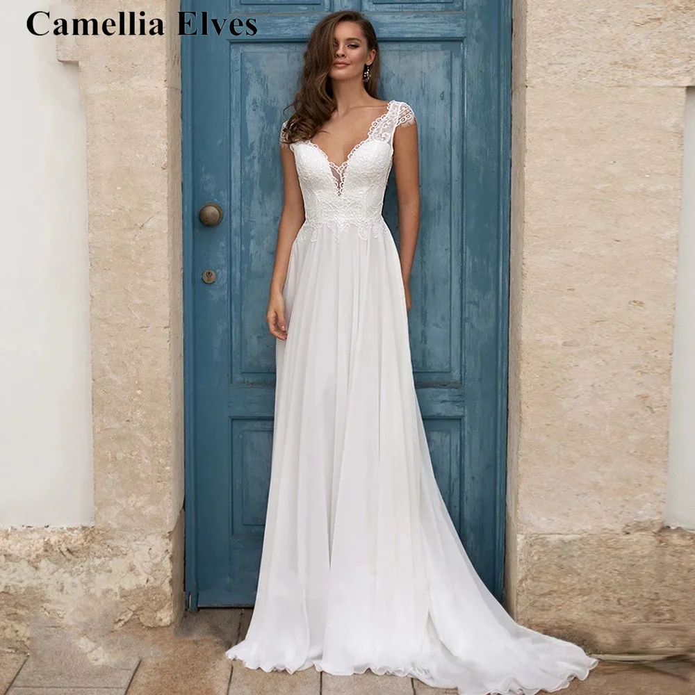 

Charming V-Neck Cap Sleeve Wedding Dresses For Women Bride Gowns A-Line Chiffon Lace Backless Bridal Dresses Vestido De Noiva
