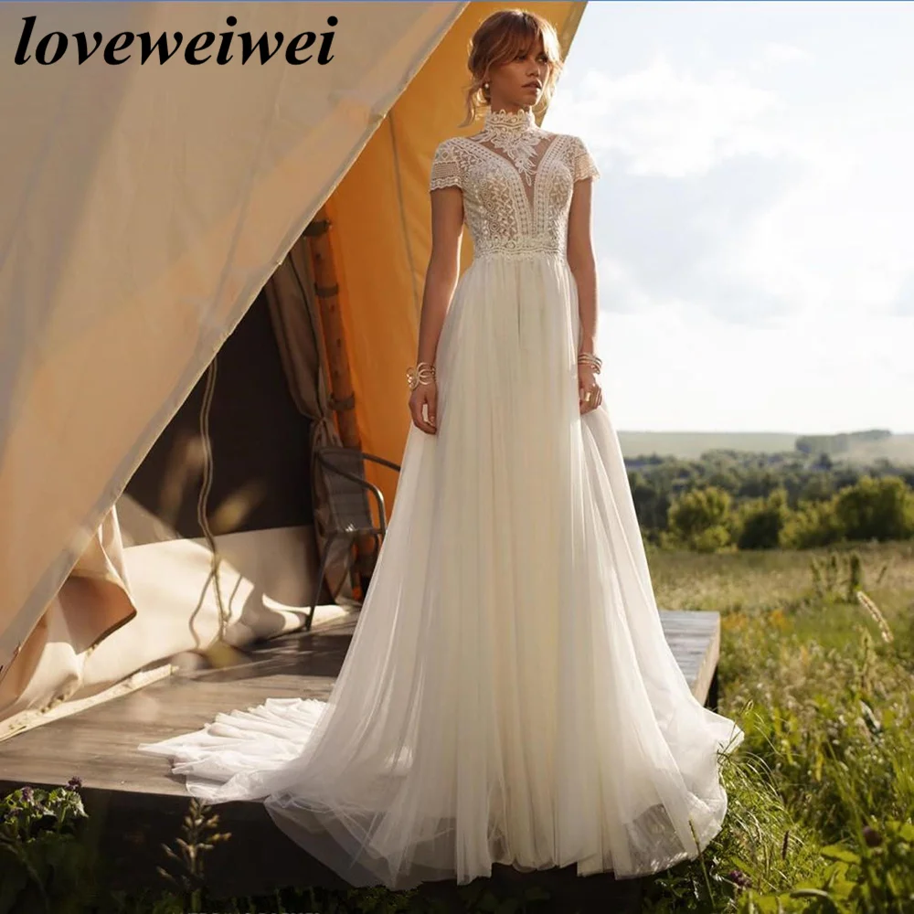 

Boho Lace Tulle High Neck Wedding Dress Cap Sleeves A-Line Bohemian Bridal Gown Vintage Elegant WEdding Dresses Robe De Mariée