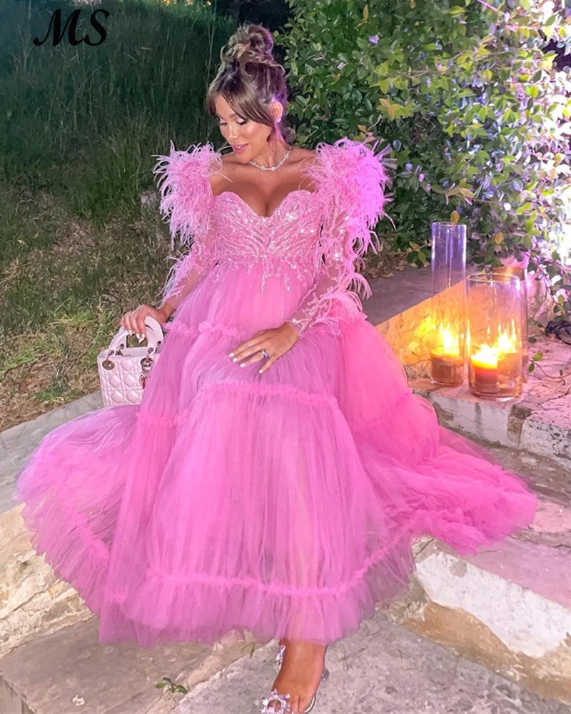

MS A Line Pink Tulle Prom Dress Pleated Sweetheart With Feathers Full Sleeves Sadui Arabia Evening Dress Formal Party Invite