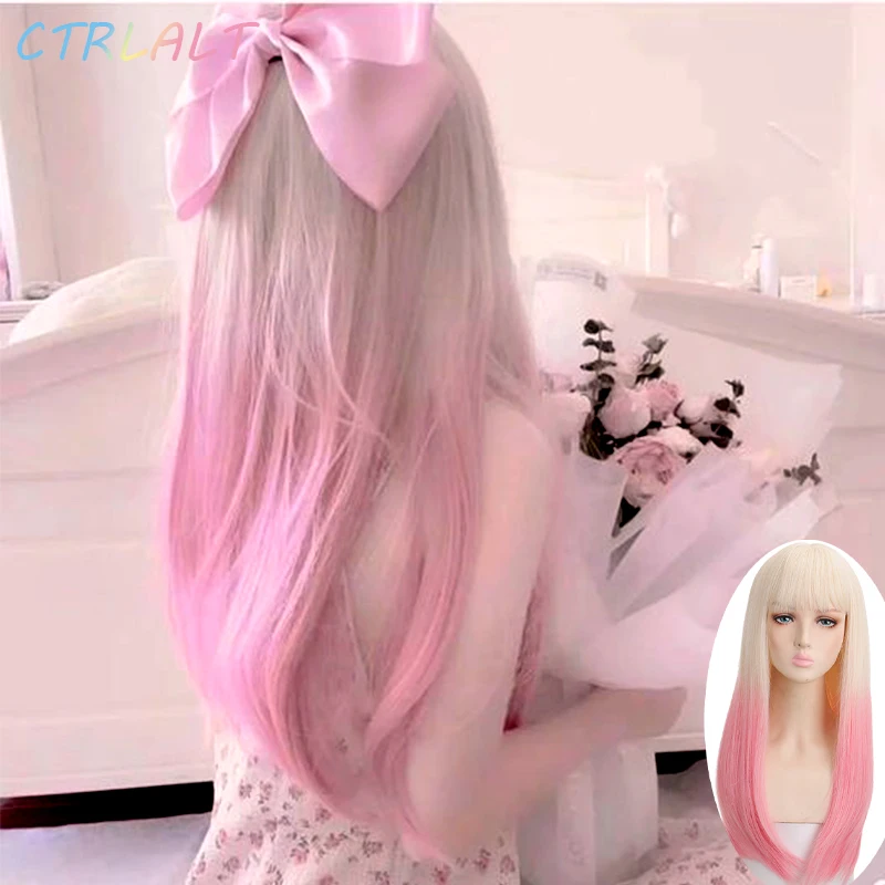 

CTRLALT Synthetic Coaplay Wig Long Straight Light Pink Hair With Bangs Ombre Red Purple Blonde Orange White Halloween Lolita Wig
