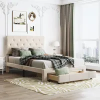 Full /Queen Size Storage Bed Velvet Upholstered Platform Bed with a Big Drawer,Velvet Upholstered Storage Platform Bed