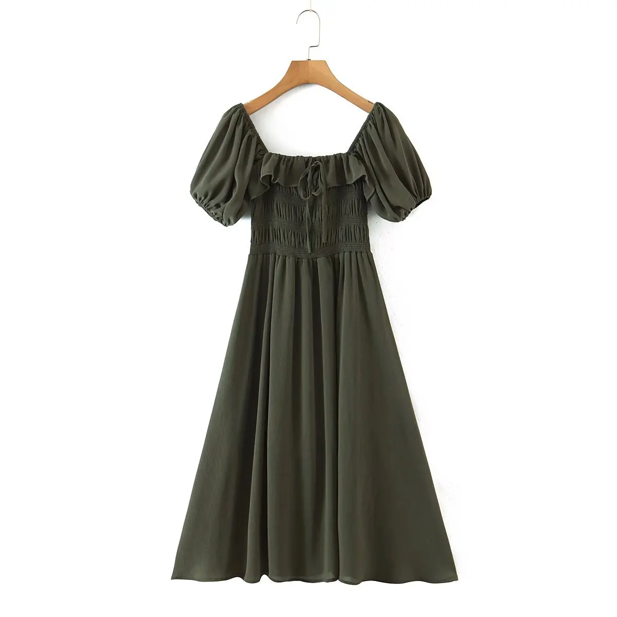 

2022 French square neck elastic bubble sleeve neckline Ruffle Dress long skirt