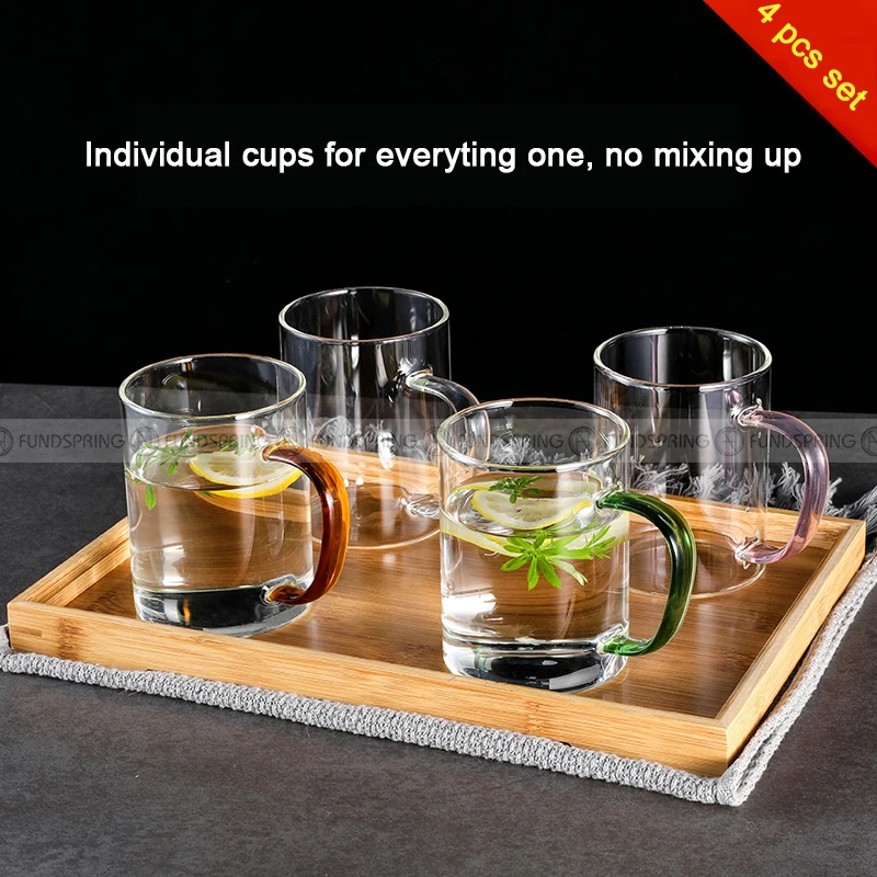 

Transparent Glassware Home Set Heat Resistant Mugs Set of 4 With Colorful Handle