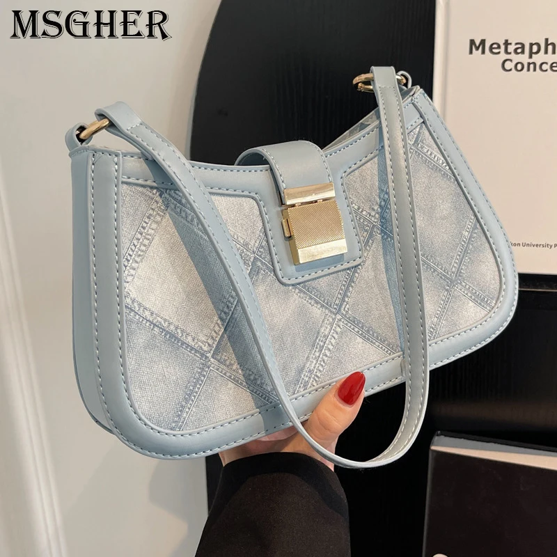 

Womens Fashion Handbags Retro Plaid Denim PU Leather Shoulder Underarm Bag Casual Hobos Handbags
