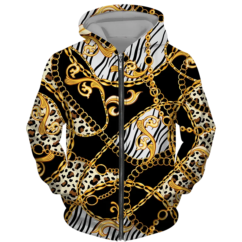 Толстовка Мужская/женская с капюшоном Модный свитшот 3D золотым принтом на молнии