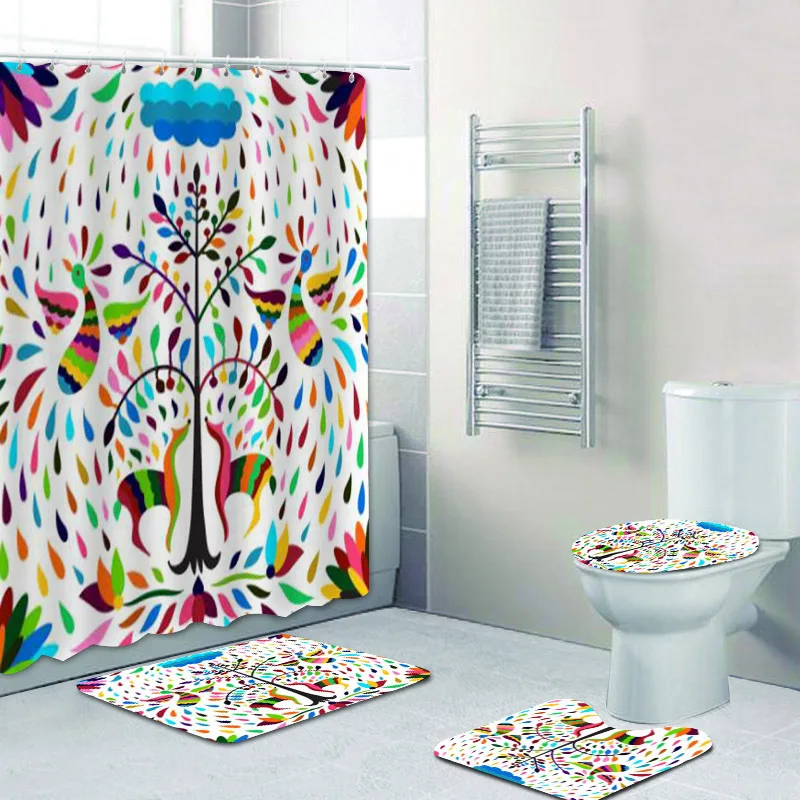 

3D этнический мексиканский Otomi Радужный комплект занавески для ванной комнаты с животными красочные фольклорные Цветочные занавески для ванной s коврики для декора туалета