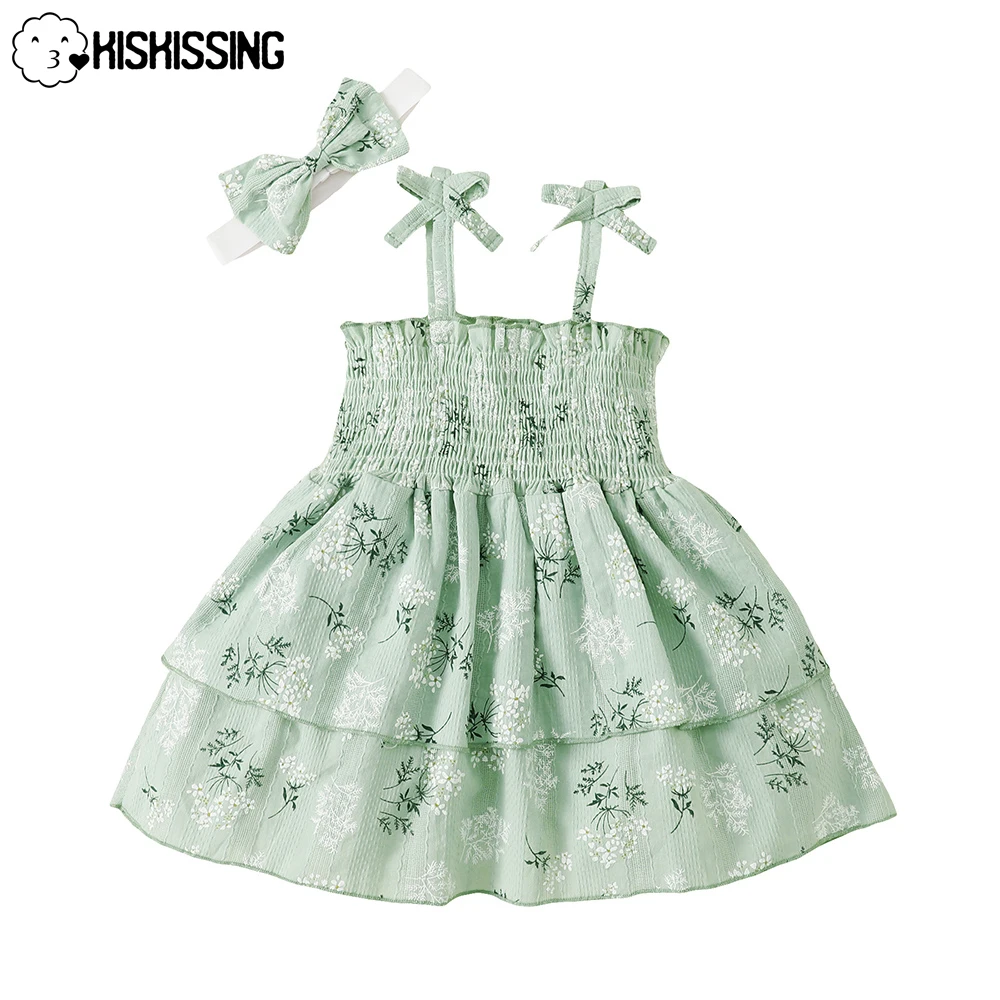 

KISKISSING Summer Dress 2022 Pleated Floral Baby Clothes for Girls Fashion Lace-Up Mother Kids Clothing Newborn Baby Girl Dress