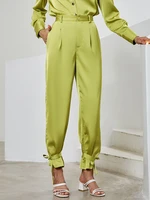 berrygo 2022 autumn winter green satin stretch waist pants women elegant slant pocket straight office belted slacks with straps