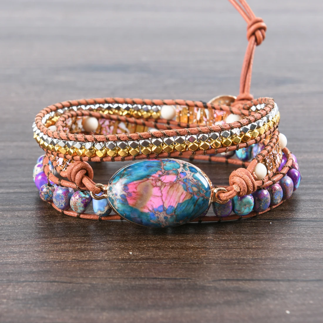 

Womens Leather Bracelets New 3 Strands Wrap Bracelets Vintage Weaving Bead Bohemia Bracelet Dropshipping