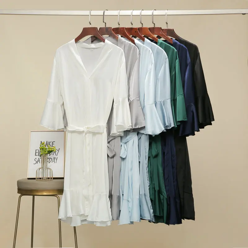 Ruffle Silk Robe Wedding Bride Bridesmaid Robes Spring Spandex Satin Chiffon Robe Summer Women Sleepwear