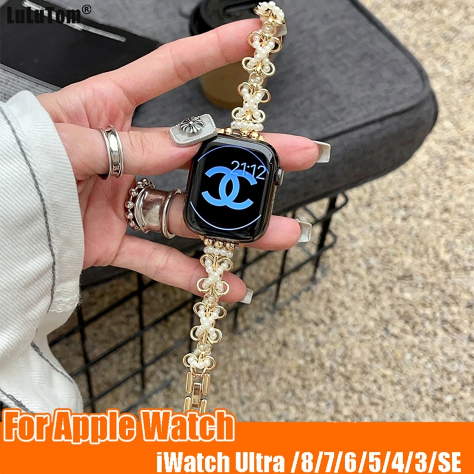 

Luxury Pearl Strap For Apple Watch Series Band 8 7 Ultra 49mm 41mm 45mm 40 38 44mm Iwhtch 6 5 4 Se 3 2 Stainless Steel Bracelet