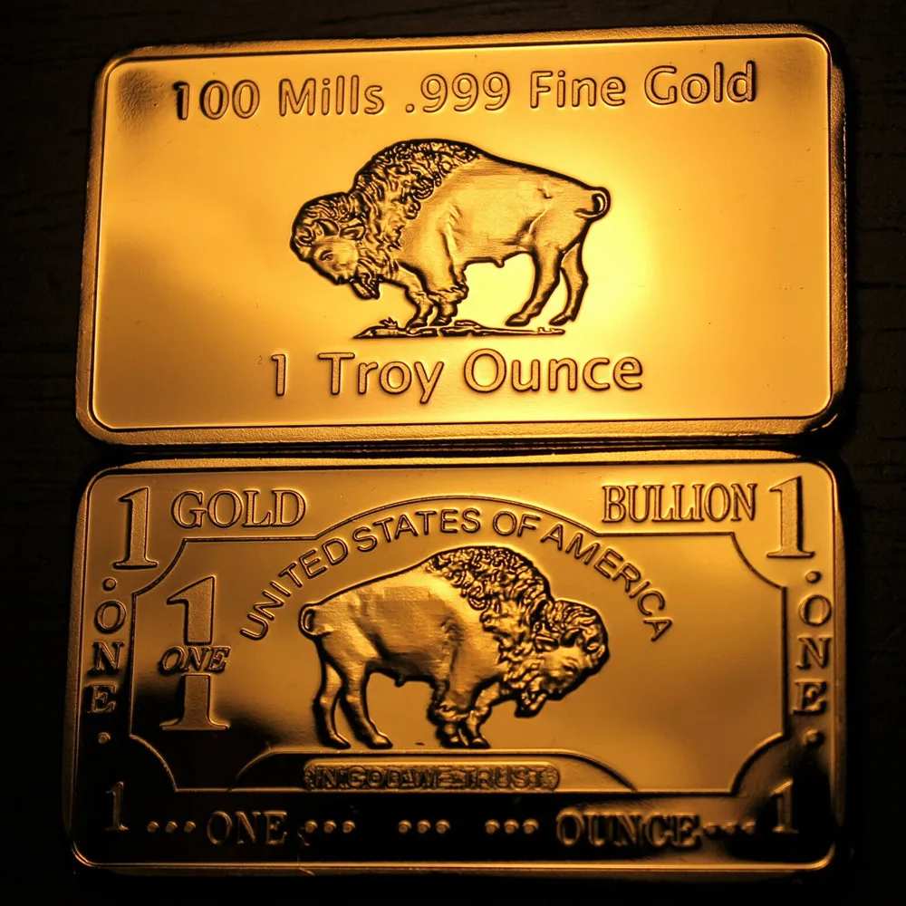 

Gold Plated Bullion Beauty Bar United States Of America 1 Troy Ounce Replica Gold Clad Buffalo Bar With Plastic Protective Case