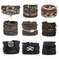 hot sale men round feather leather bracelet punk hip hop multi layer handmade braided bracelet adjustable jewelry accessories