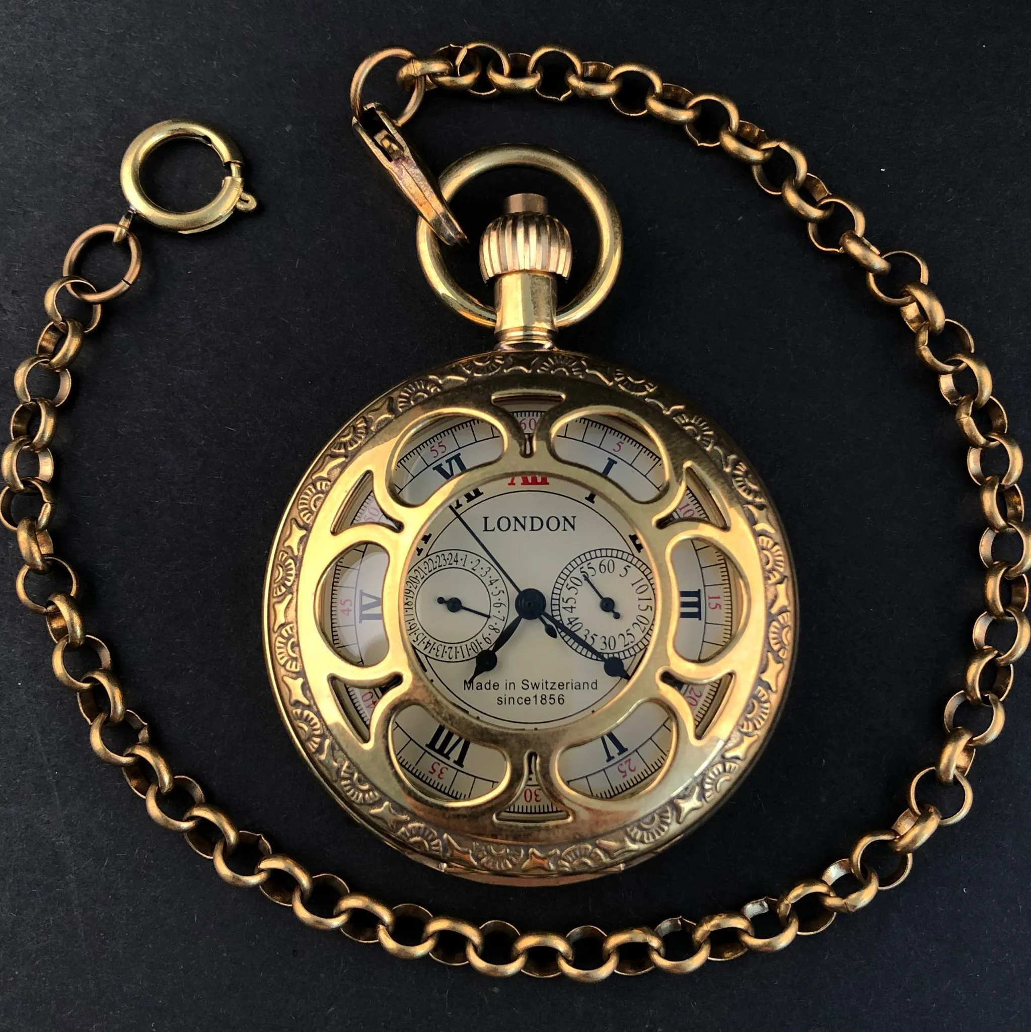 Vintage Copper London 1856's Antique Hands Mechanical Pocket & fob Watches Hand Winding Skeleton Mens Pocket Watch 30cm Chain