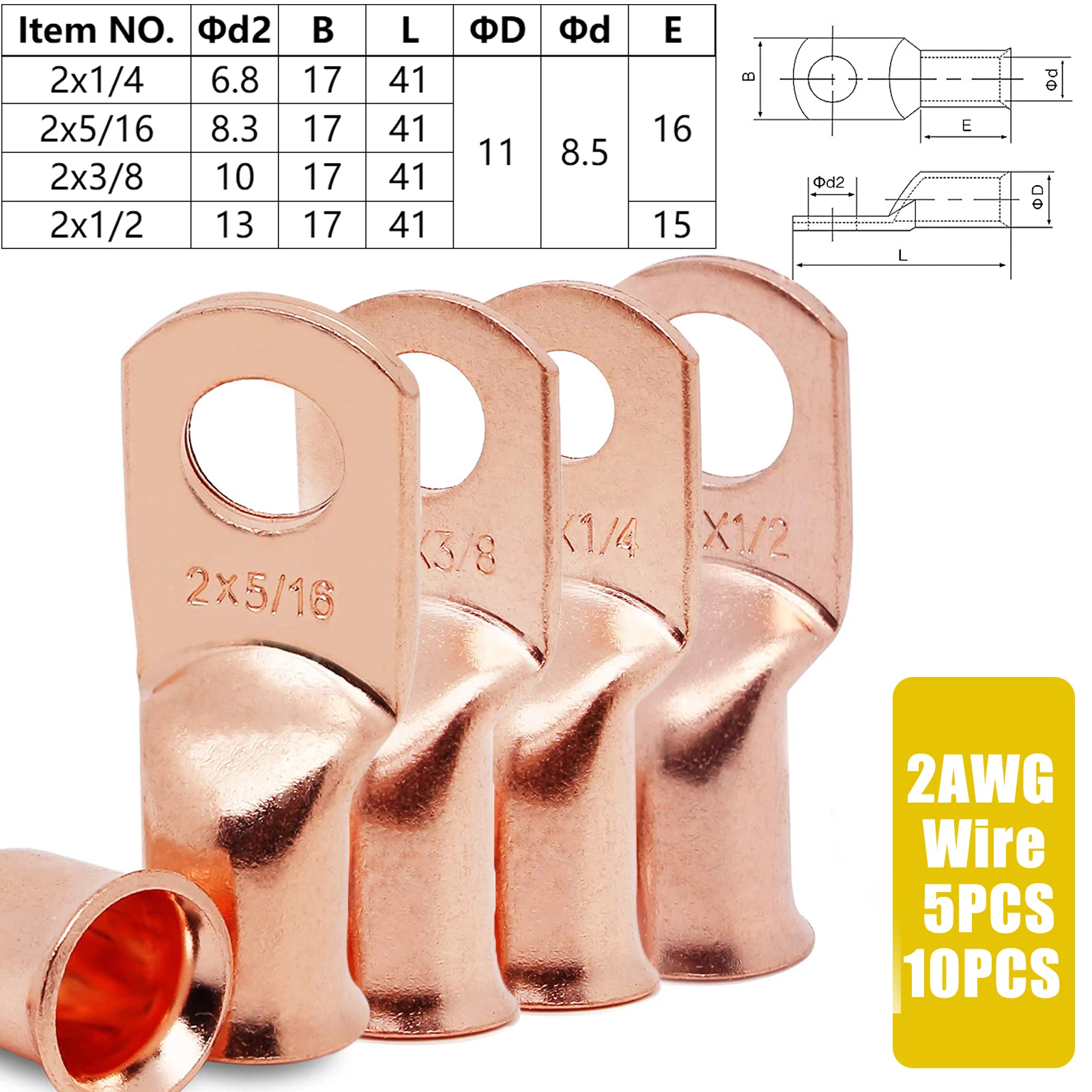 

GIE.TOP 5/10PCS Gauge Battery Cable Copper Tubular Ring Terminals Crimp Wire Heavy Duty R Lugs 2 AWG 1/4" 5/16" 3/8" 1/2"