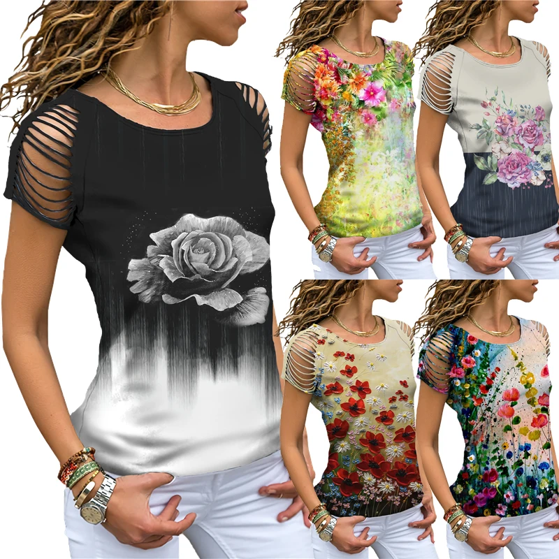 

Colorful Floral Print T-Shirts 2022 Summer Cut Out Shoulder O-Neck Fashion Women's Tops Ladies Casual Loose Short Sleeve Clothes