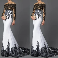 mermaid formal evening dress off shoulder long sleeves sweep train polyester with lace appliques party wear robes de soir%c3%a9e