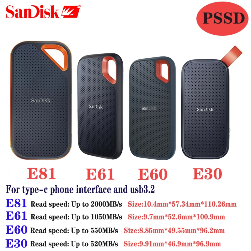 SanDisk100% Portable External PSSD 480GB 520MB/s External Hard Drive USB 3.1 Type-C 1tb 2TB Solid State Disk For Laptop Desktop
