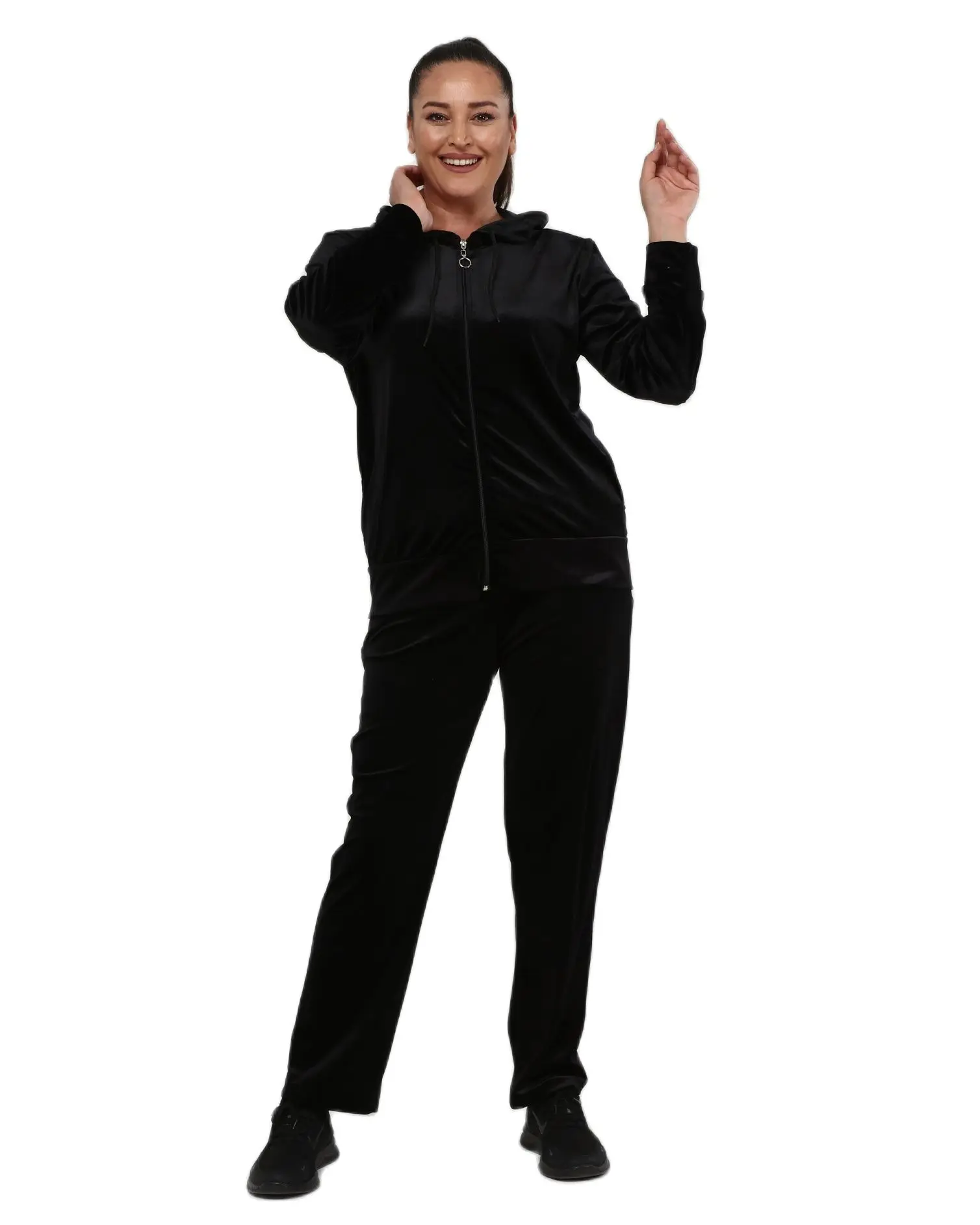 Women’s Plus Size Black Sweatsuit Set 2 Piece Velvet Tracksuit, Designed and Made in Turkey, New Arrival