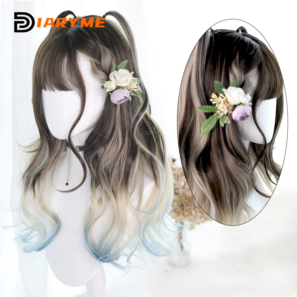 DIARYME Long Wavy Hair Synthetic Wig Girl Gradient Wig With Bangs Cosplay Lolita Party Heat-resistant Wigs