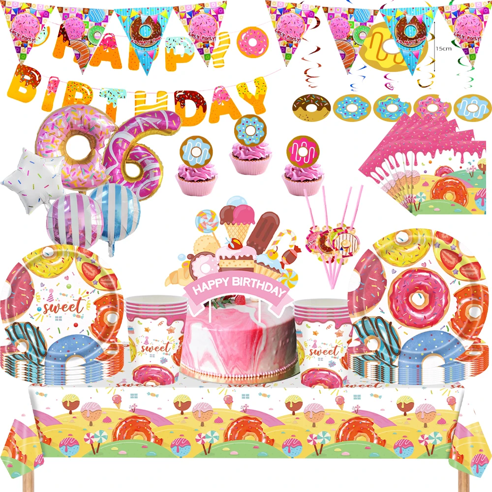 

Donut New Disposable Tableware Donut Party Theme Cup Paper Tablecloth Girls Birthday Decoration Princess Event Party Baby Shower