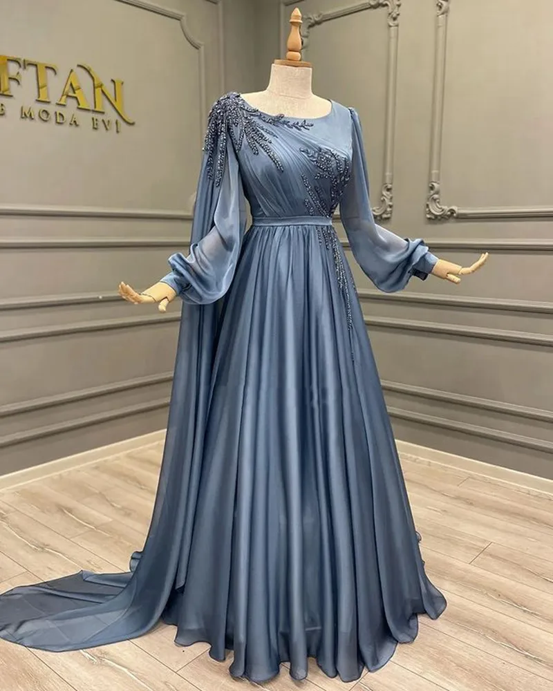 

Cathy A-Line Crew Neck Arabian Evening Gown with Beaded Chiffon Appliqués Long Sleeves Train Pleated Ball Gown Vestidos De Fiest