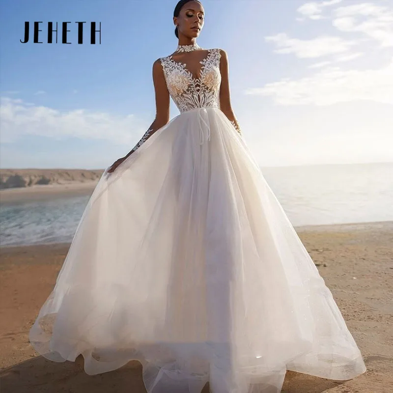 

JEHETH Lace Appliques Wedding Dresses For Women Long Sleeves High-Neck A-Line Bridal Gown Bohemian Customize Vestidos De Novia