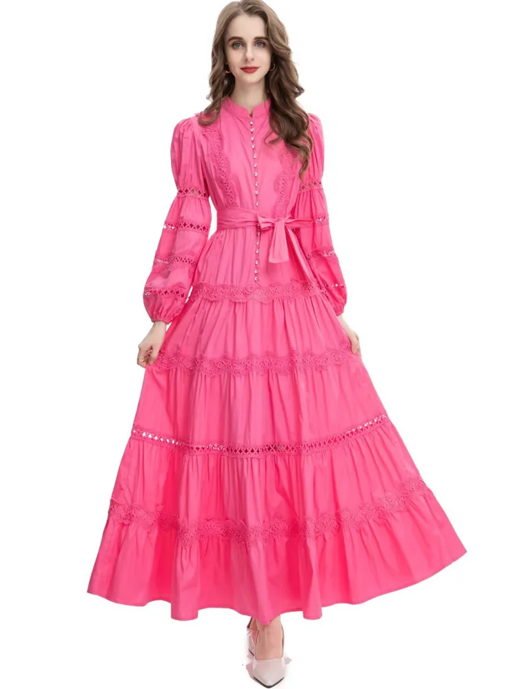 French Court Style Stand Collar Lantern Sleeve Single Breasted Heavy Duty Lace Stitching Birthday Party Dress Long Skirt