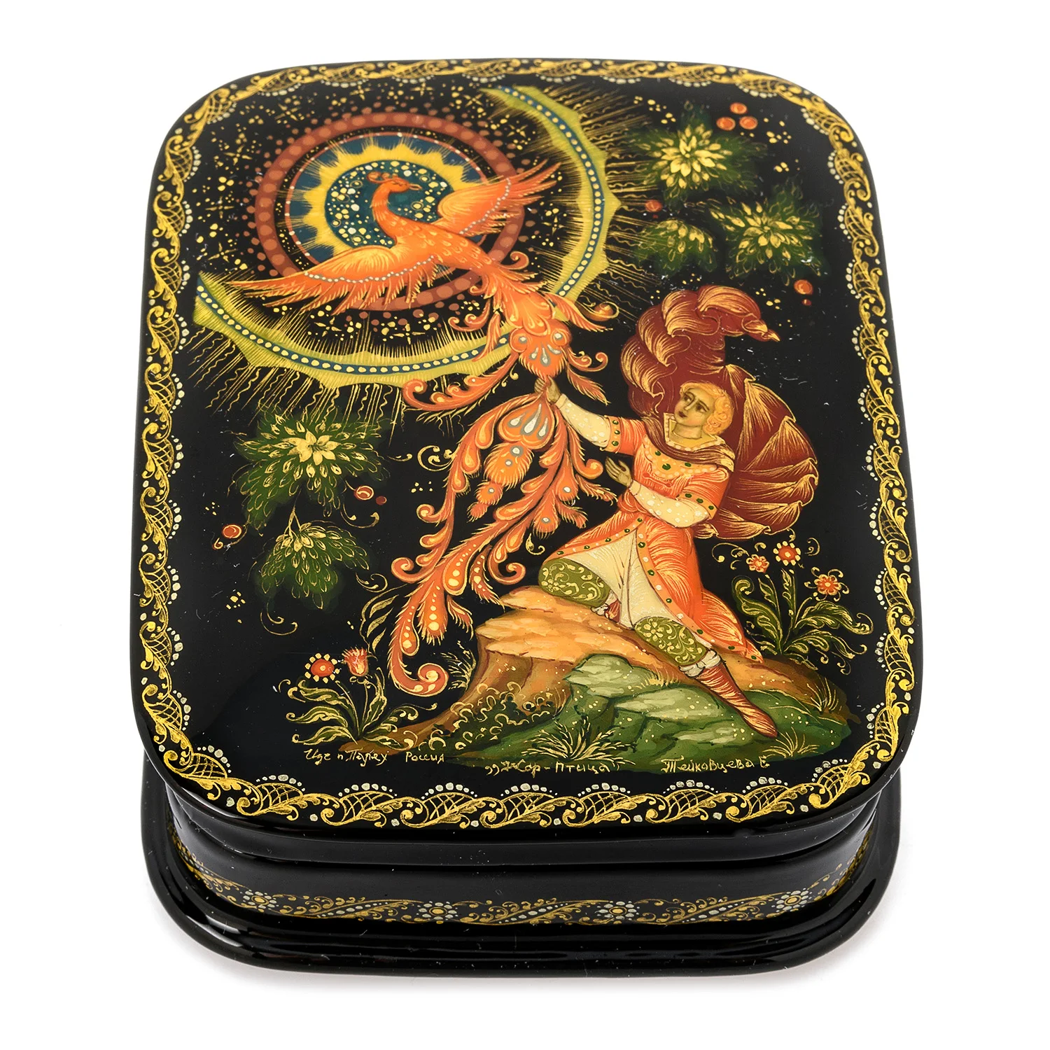 палехская лаковая миниатюра жар птица. лаковая миниатюра палех жар птица. палех жар птица. жар птица картина. палехская миниатюра жар птица.